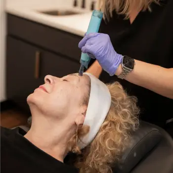 Close-up of microneedling pen on the forehead during a session at Radiance Medspa
